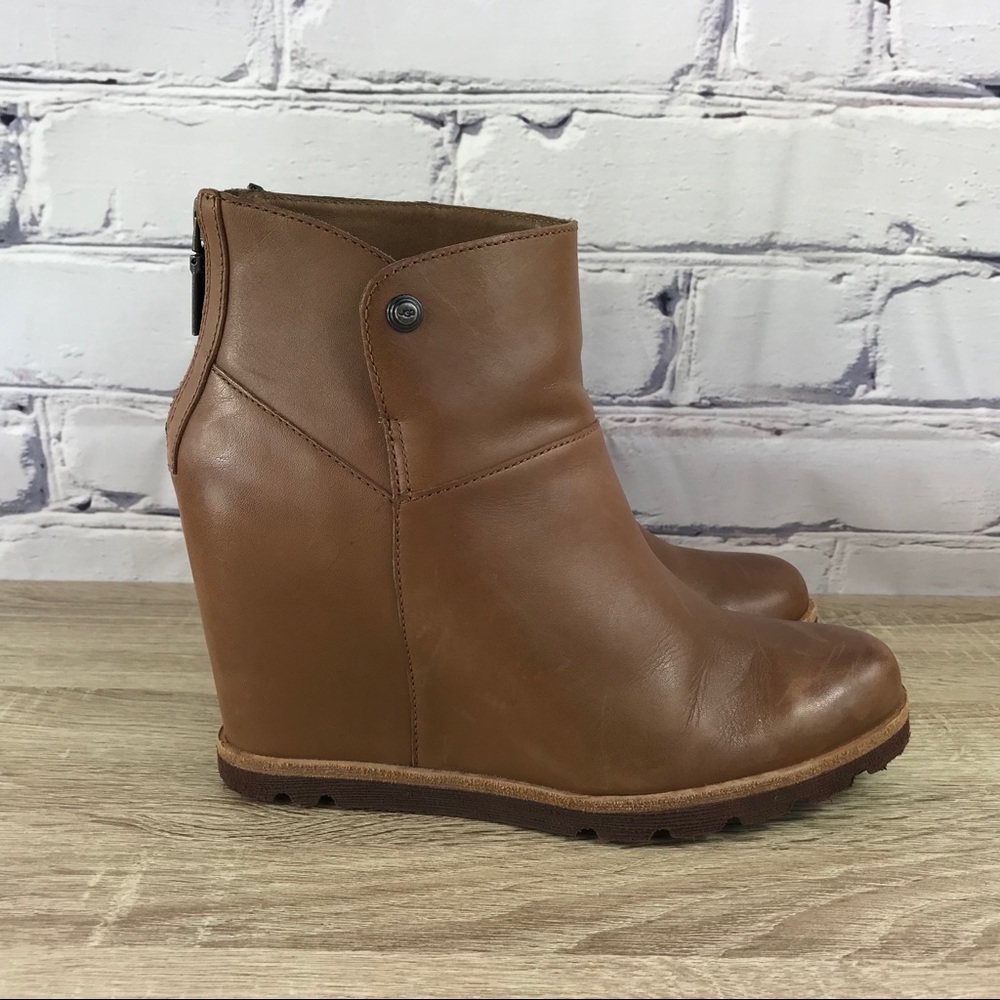 Ugg Amal Chestnut Leather Shearling Wedge Booties